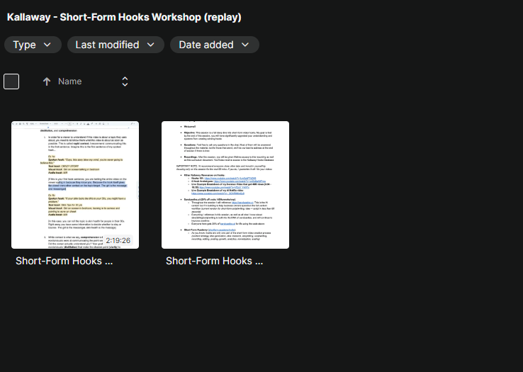 Screenshot of the Kallaway Short-Form Hooks Workshop replay by THE MEGACOURSES, showing workshop interface and presentation slides.