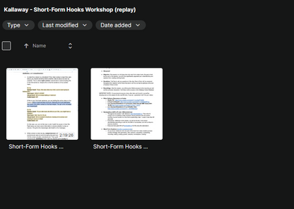 Screenshot of the Kallaway Short-Form Hooks Workshop replay by THE MEGACOURSES, showing workshop interface and presentation slides.