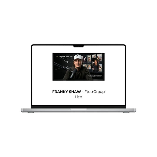 FRANKY SHAW FtutrGroup Lite by THE MEGACOURSES, showcasing a sleek, modern digital product design on a white background.