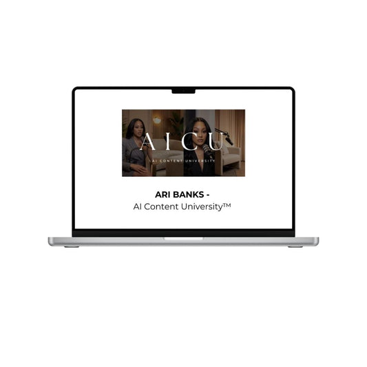 AI Content University course by THE MEGACOURSES, featuring a professional digital classroom setup with a laptop, notebooks, and a tablet.