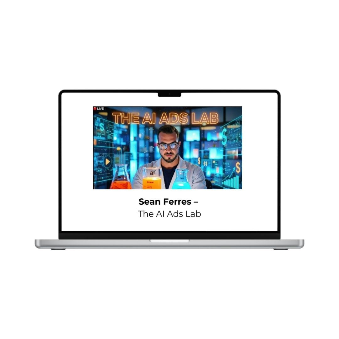 AI-powered ad training course by THE MEGACOURSES, featuring a clean digital design with the title "The AI Ads Lab" on the screen.