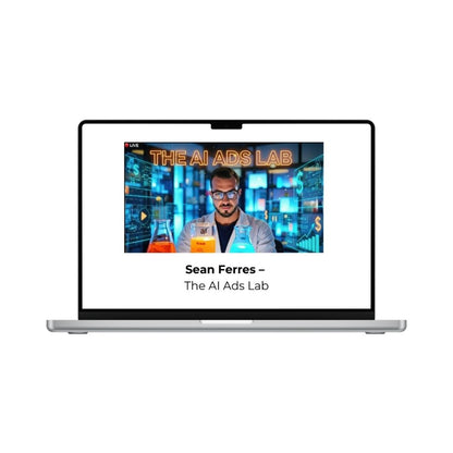 AI-powered ad training course by THE MEGACOURSES, featuring a clean digital design with the title "The AI Ads Lab" on the screen.