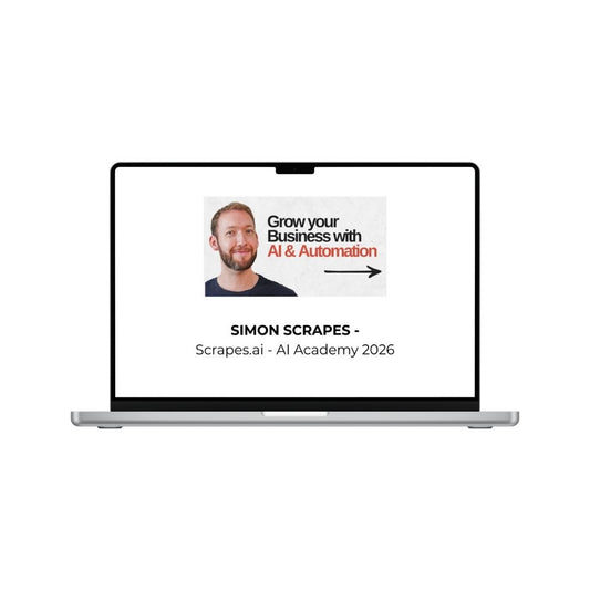 AI Academy 2026 course by THE MEGACOURSES featuring Simon Scrapes, with branding and promotional graphics in the image.