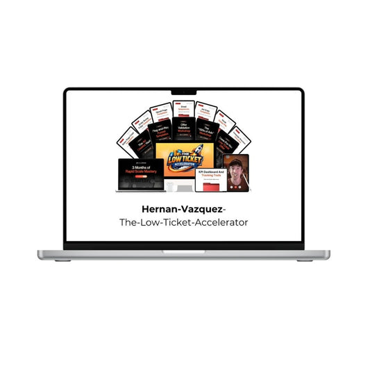 Hernan Vazquez The Low Ticket Accelerator course cover by THE MEGACOURSES, featuring a sleek design with course title text on a dark background.