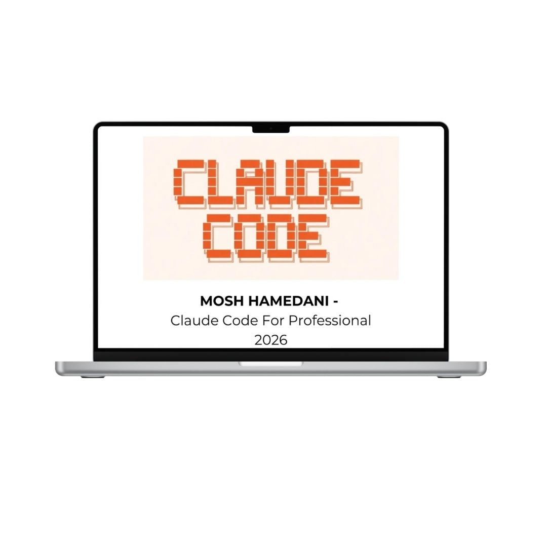 MOSH HAMEDANI Claude Code For Professional 2026 by THE MEGACOURSES, featuring a sleek digital interface and professional coding tools.
