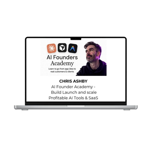 Illustration of a laptop with code and AI symbols, representing the CHRIS ASHBY AI Founder Academy course by THE MEGACOURSES.