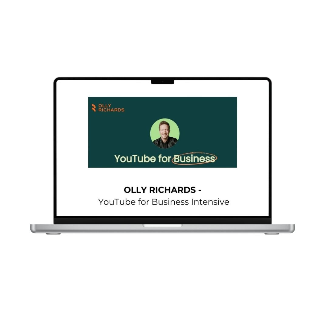 OLLY RICHARDS YouTube for Business Intensive course offered by THE MEGACOURSES, featuring a professional presentation slide.