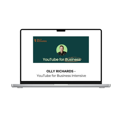 OLLY RICHARDS YouTube for Business Intensive course offered by THE MEGACOURSES, featuring a professional presentation slide.