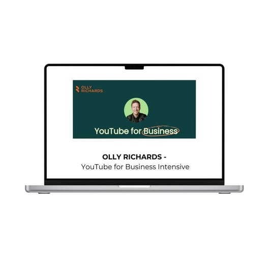 OLLY RICHARDS YouTube for Business Intensive course offered by THE MEGACOURSES, featuring a professional presentation slide.