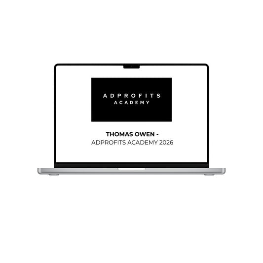 Image of the THOMAS OWEN ADPROFITS ACADEMY 2026 course logo by THE MEGACOURSES on a white background.