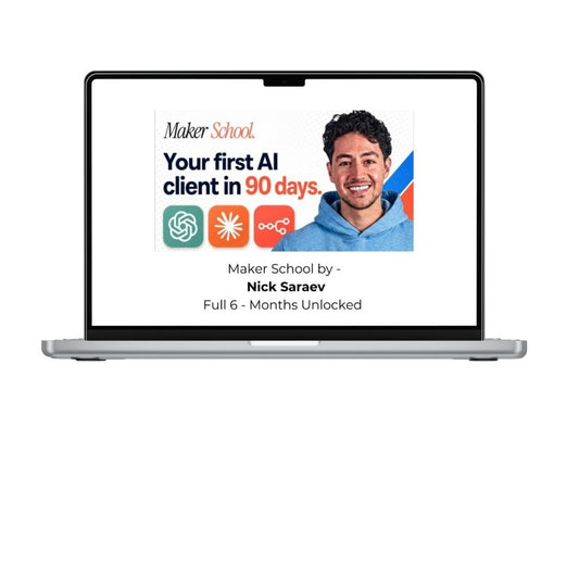 Nick Saraev Maker School Six Months Unlocked 2026 course cover,
Maker School AI automation training program,
Nick Saraev AI automation agency course
