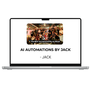 AI Automations by Jack from THE MEGACOURSES, showing a visual diagram of automated workflows on a computer screen.