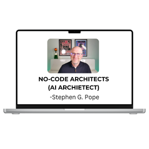 No-Code Architects book by Stephen G. Pope showing a page with no-code AI architecture diagrams and illustrations.